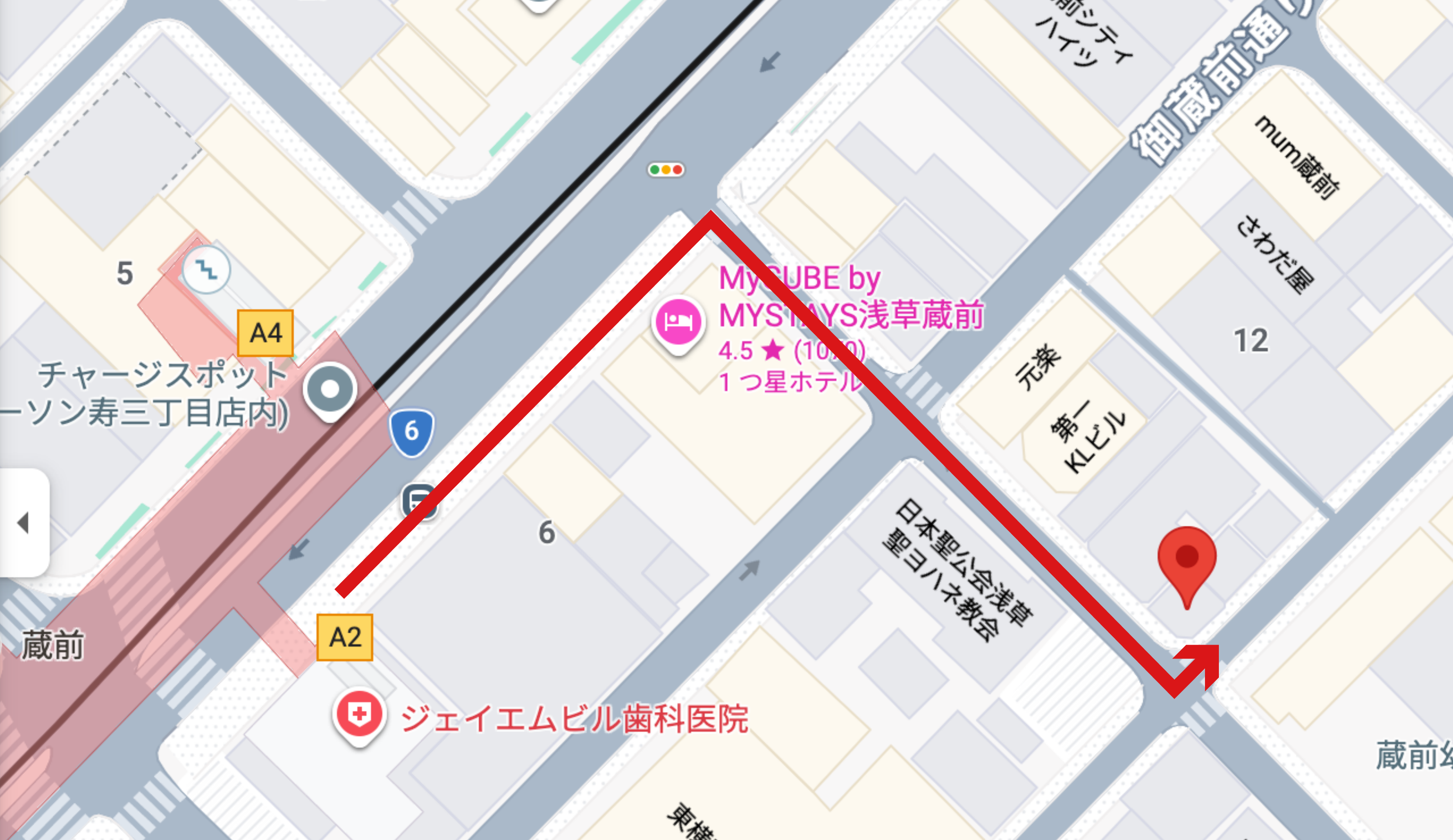 Walking route map from Kuramae Station A2 exit to YUMO